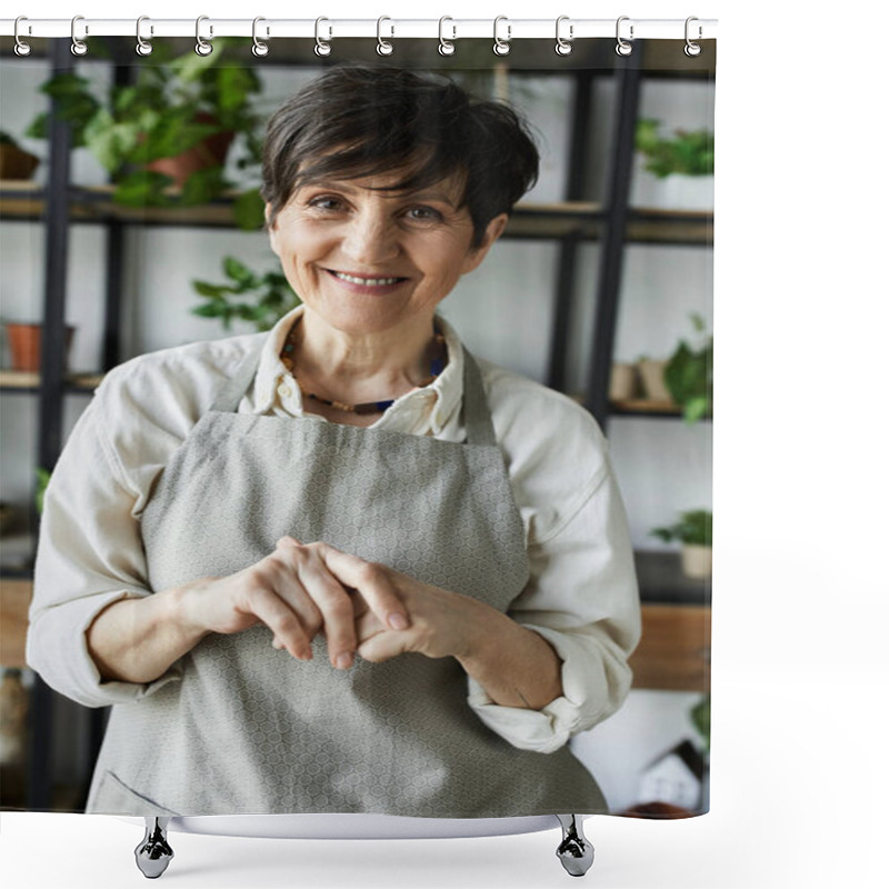 Personality  A Gardener Joyfully Tending To Her Beloved Plants In A Bright Studio. Shower Curtains