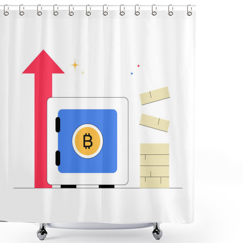 Personality  A Bitcoin Vault Is Depicted With A Growth Arrow And Stacked Money, Symbolizing Financial Security, Savings, And Cryptocurrency Growth. Shower Curtains