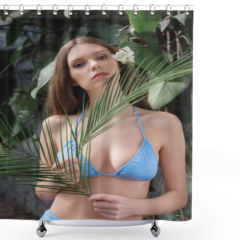 Personality  Beauty With Flower In Hair Posing With Palm Leaves On Tropical Resort Shower Curtains