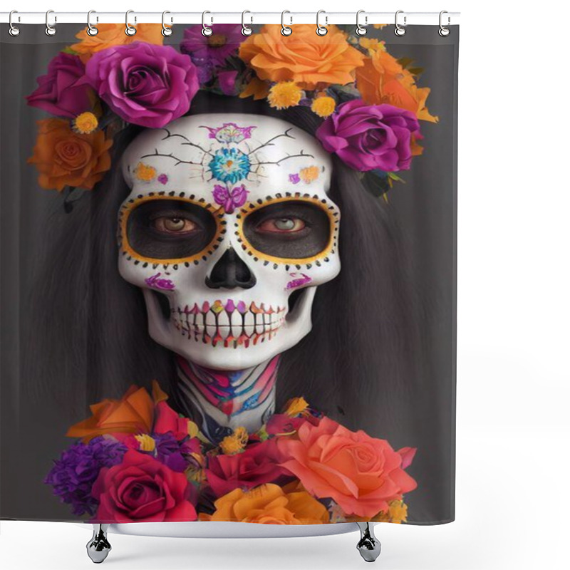 Personality  Sugar Skull Makeup With Flower Ornament Woman Face. 3D Rendering Shower Curtains