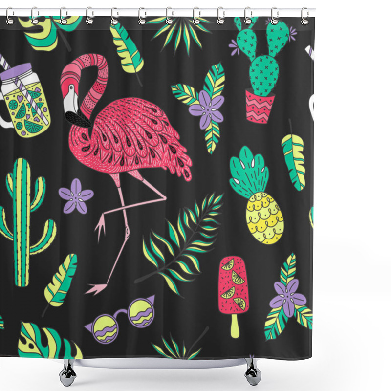 Personality  Seamless Pattern With Flamingo, Exotic Leaves. Set Of Hand Drawn Vector Tropical Elements Shower Curtains