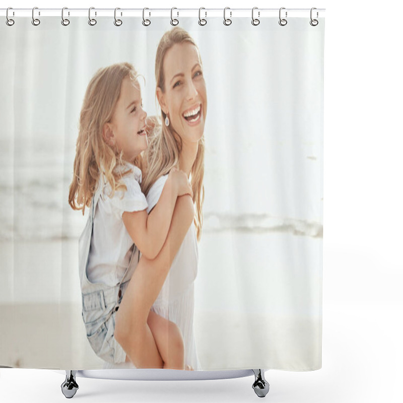 Personality  Cheerful Mother And Daughter Having Fun At Beach. Young Mother Giving Her Daughter Piggyback Ride At Beach. Precious Mother And Daughter Relationship. Shower Curtains