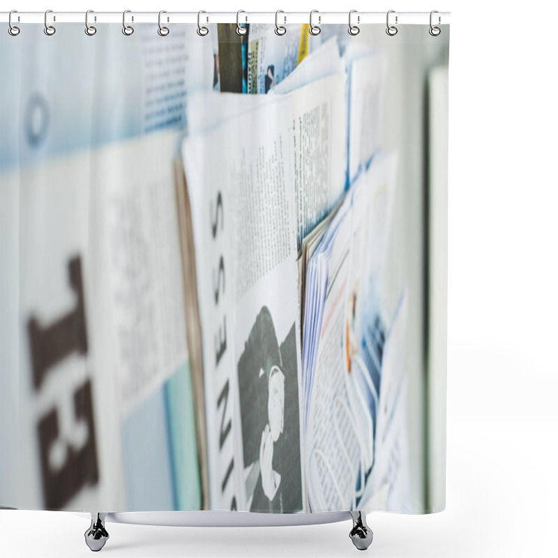 Personality  Selective Focus Of Different Print Newspapers On Stand Shower Curtains