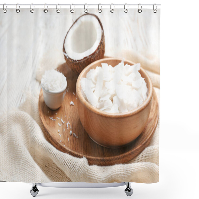 Personality  Fresh Coconut Flakes In Bowls On Wooden Background Shower Curtains