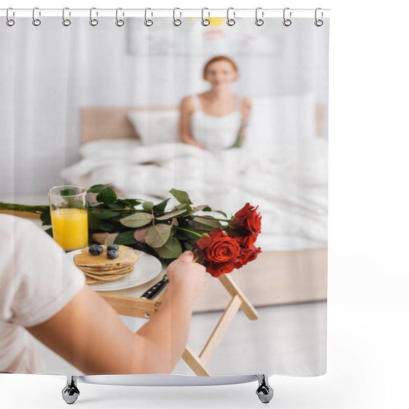 Personality  Woman Holding Tray With Red Roses And Breakfast Near Lesbian Girlfriend In Bed On Blurred Background Shower Curtains