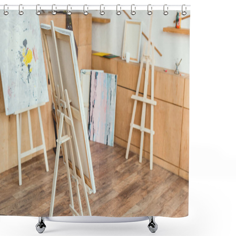 Personality  Painting Studio With Wooden Floor, Cabinets, Easels And Paintings  Shower Curtains