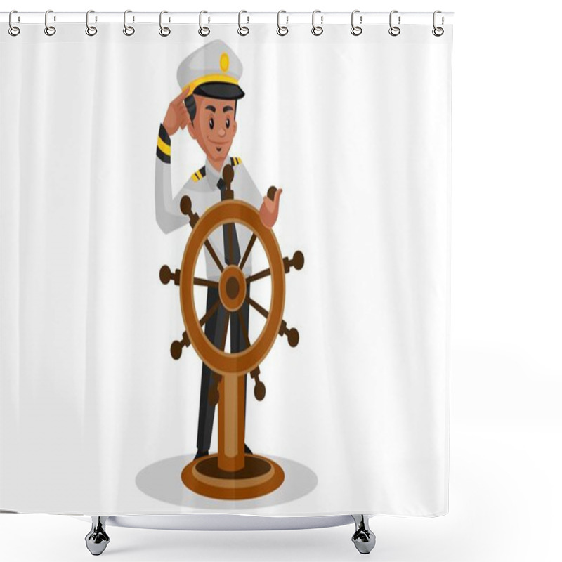 Personality  Vector Graphic Illustration. Sailor Is Holding The Steering Wheel Of The Ship. Individually On A White Background. Shower Curtains