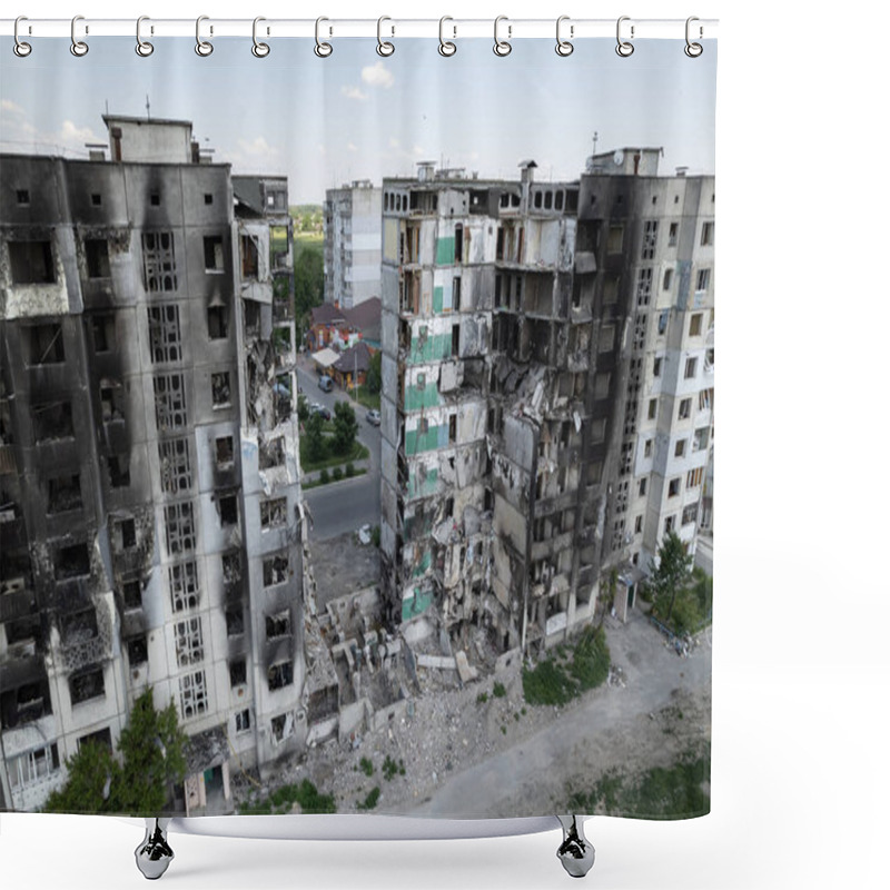 Personality  This Stock Photo Shows The Aftermath Of The War In Ukraine - A Destroyed Residential Building In Borodyanka, Bucha District Shower Curtains