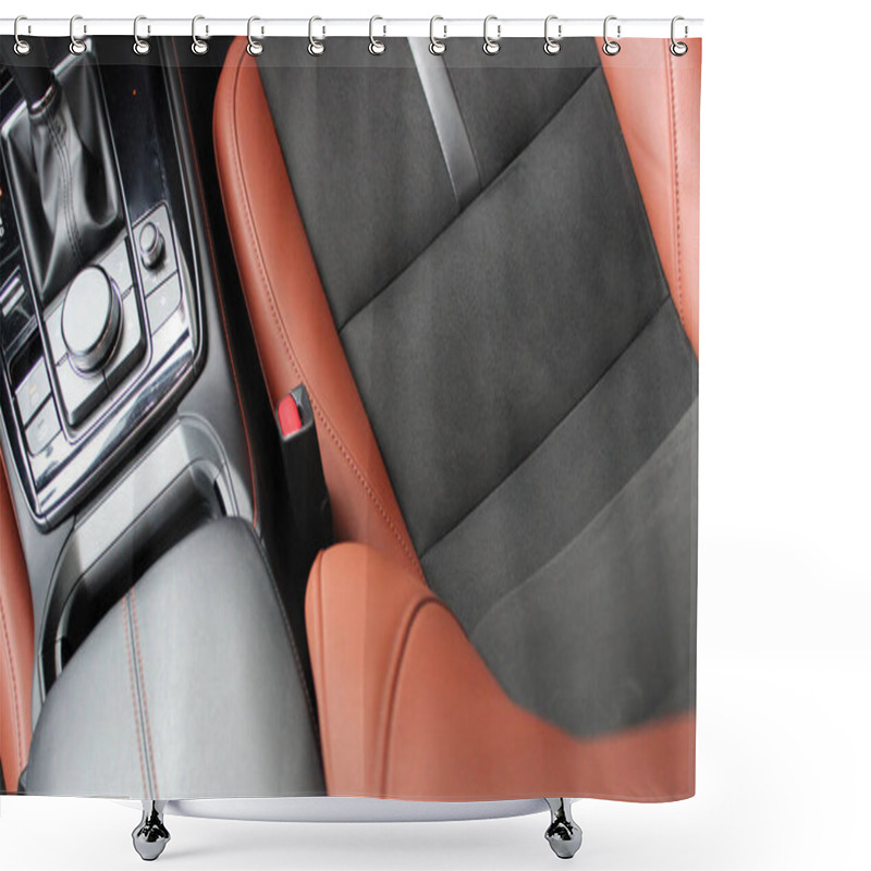 Personality  Black And Orange Leather, Alcantara And Velour Upholstery Variety Parts Of Car Interior. Black And Orange Stitching Of Interior Elements Inside Premium Car  Shower Curtains