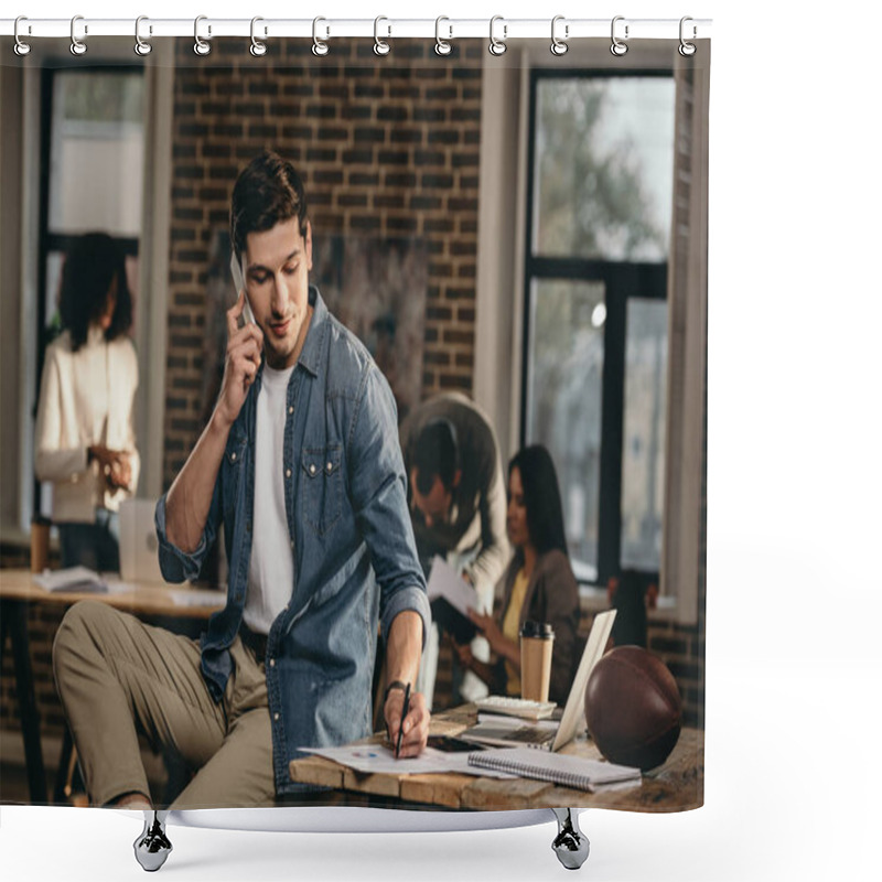 Personality  Young Man Talking On Smartphone In Modern Loft Office With Colleagues On Background  Shower Curtains