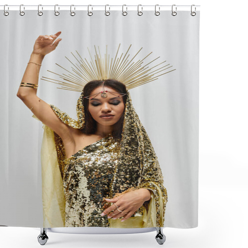 Personality  A Stunning African American Goddess In A Golden Gown Embodies Elegance And Grace, Radiating Beauty In A Studio. Shower Curtains