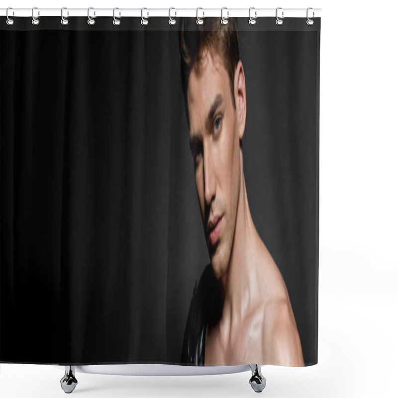 Personality  Sexy Young Man With Muscular Torso And Biker Jacket On Shoulder On Black Background, Panoramic Shot Shower Curtains