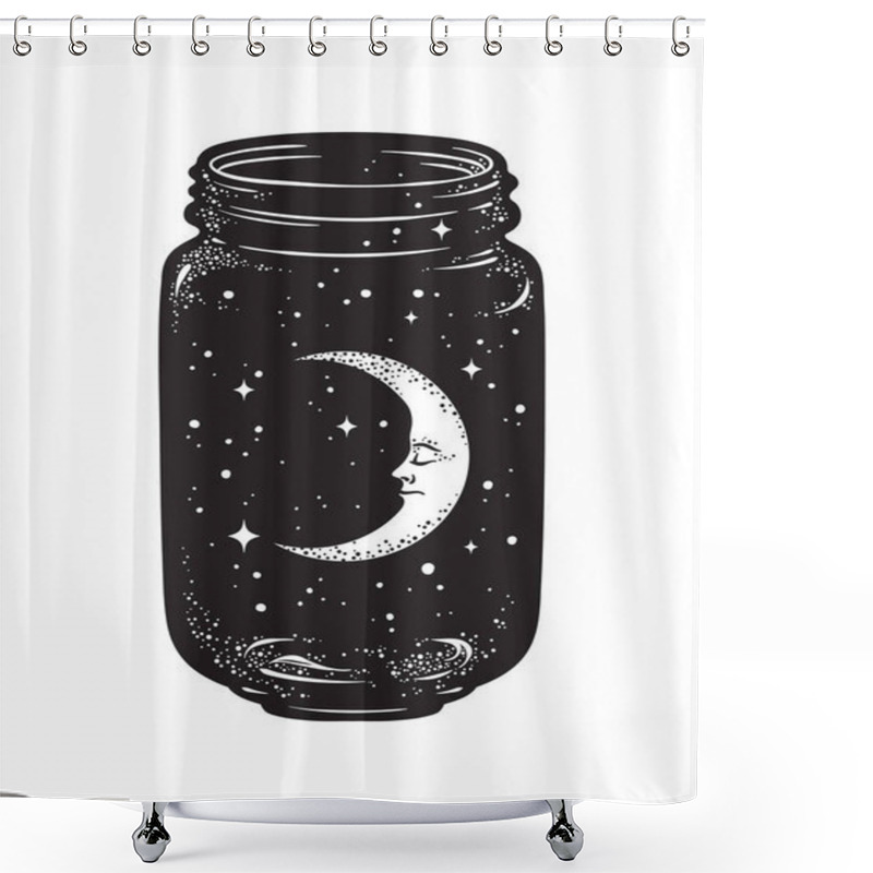 Personality  Hand Drawn Wish Jar. Crescent Moon And Stars In Glass Jar Isolated. Sticker, Print Or Tattoo Design Vector Illustration Shower Curtains