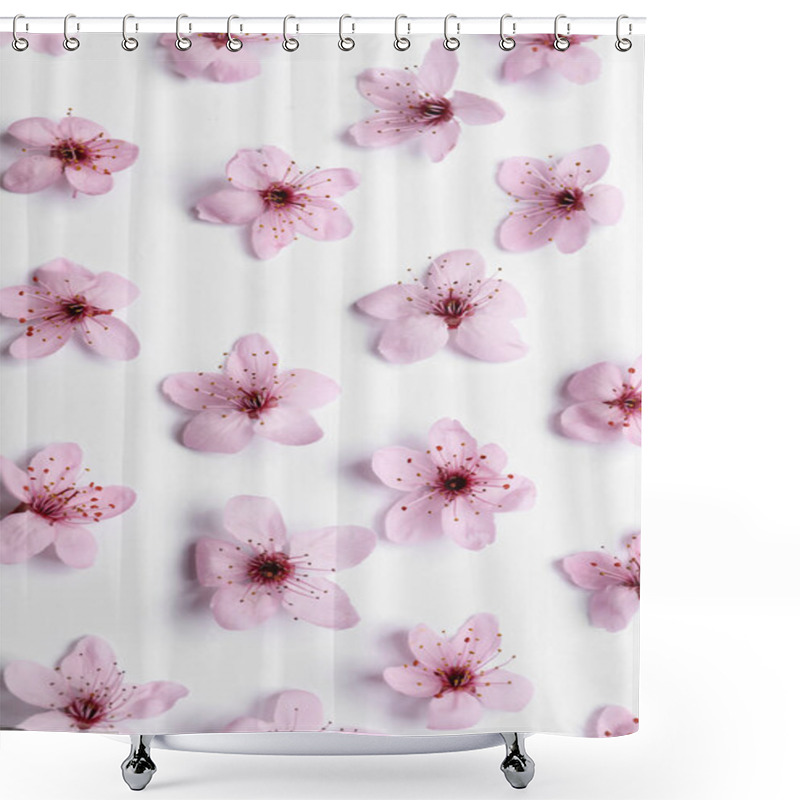 Personality  Beautiful Spring Tree Blossoms On White Background, Flat Lay Shower Curtains