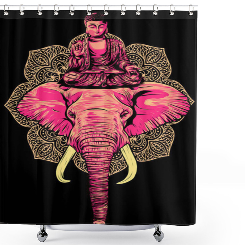 Personality  Buddha Statue Above Head Of Elephant Vector Shower Curtains