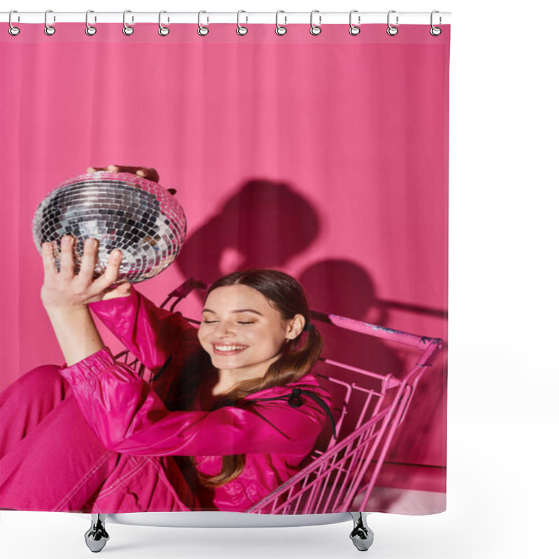 Personality  A Young Woman In A Stylish Pink Outfit Holding A Disco Ball, Exuding Glamour And Fun Against A Vibrant Pink Background. Shower Curtains