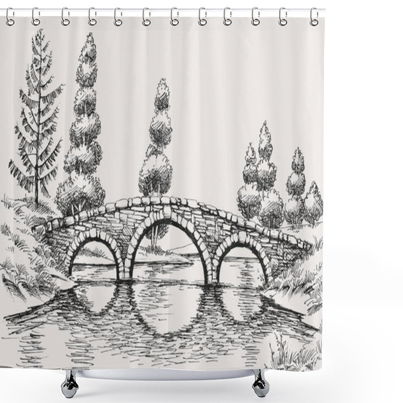 Personality  Stone Bridge Over River Hand Drawn Landscape Shower Curtains