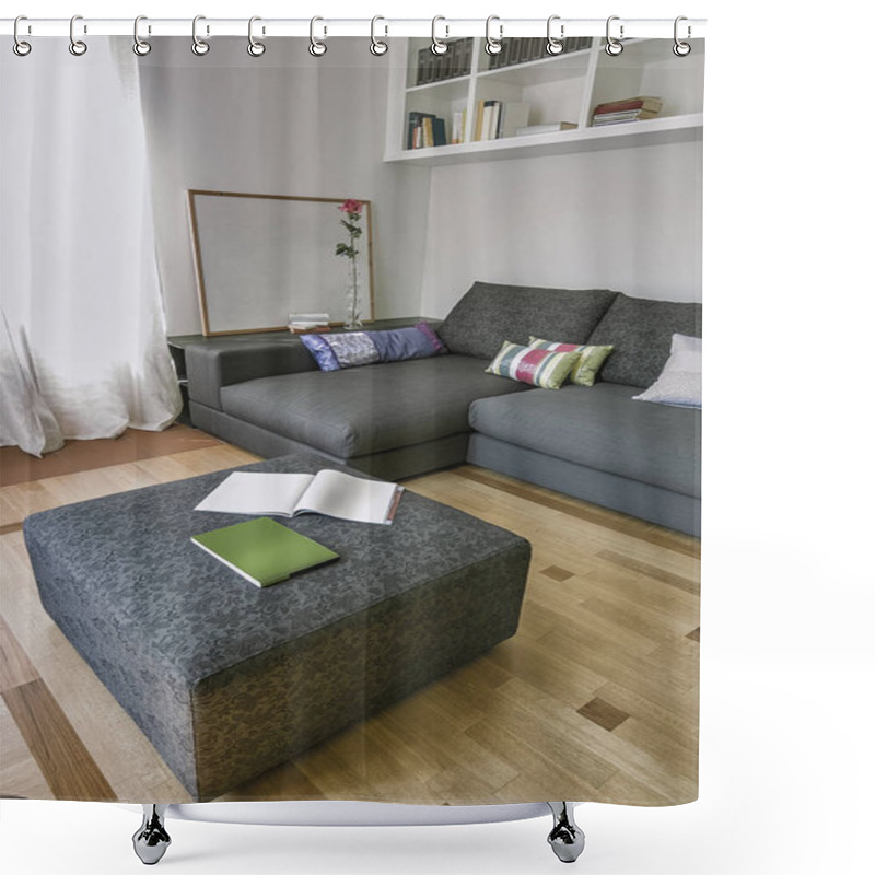 Personality  Interiors Shots Of A Modern Living Room Whose Floor Is Made Of Wood In Foreground The Gray Fabric Footrest And On The Bottom The Gray Fabric Sofa Shower Curtains