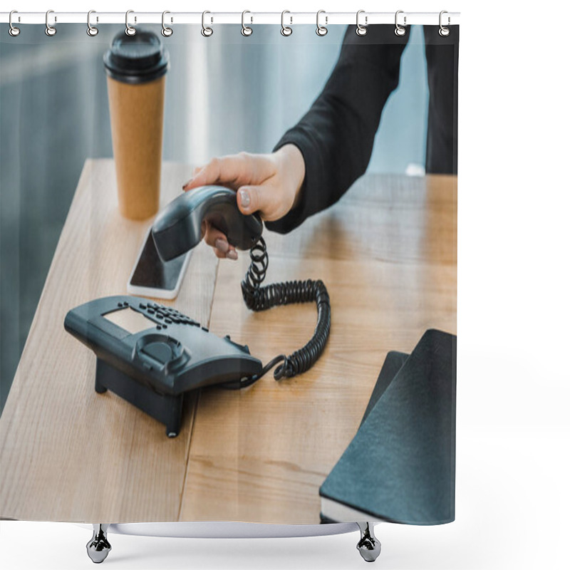 Personality  Cropped Image Of Businesswoman Taking Handset Of Stationary Telephone In Office Shower Curtains