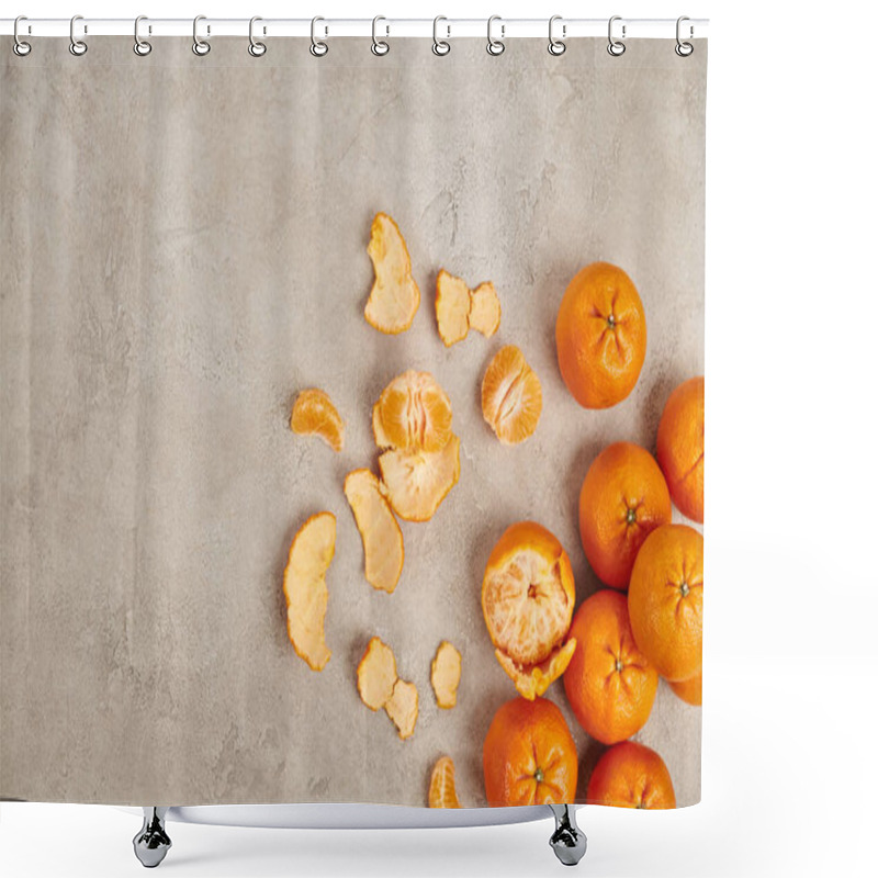 Personality  Top View Of Whole And Peeled Ripe Mandarins On Grey Textured Backdrop, Christmas Concept Shower Curtains