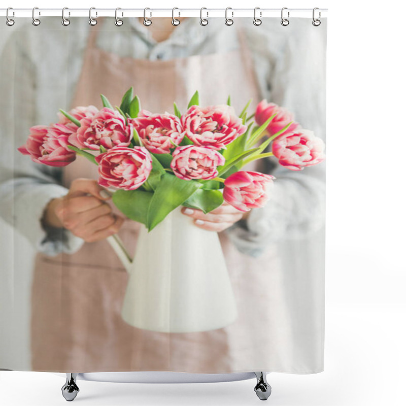 Personality  Spring Flowers Arrangement. Woman In Pastel Pink Apron And Blue Linen Shirt Holding White Enamel Vase With Fresh Pink Tulips Shower Curtains