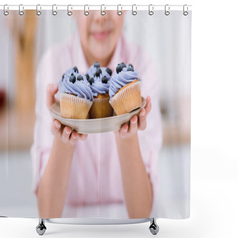 Personality  Cropped Shot Of Little Child Holding Plate With Blueberry Cupcakes Shower Curtains