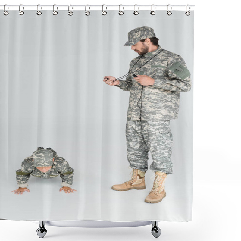 Personality  Soldier In Military Uniform With Timer And Whistle Controlling Time While Son Doing Push Ups On Grey Background Shower Curtains