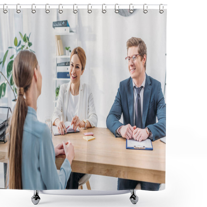 Personality  Back View Of Employee Speaking With Cheerful Recruiters During Job Interview  Shower Curtains