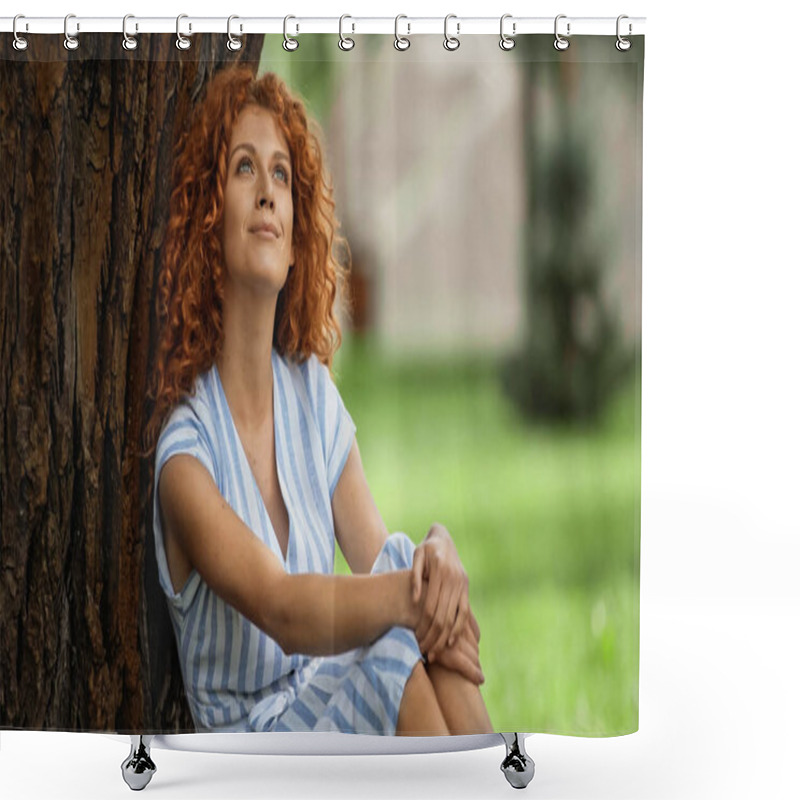 Personality  Dreamy Redhead Woman In Blue Striped Dress Sitting Under Tree Trunk Shower Curtains