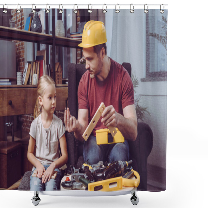 Personality  Father Showing How Make Wooden Frame   Shower Curtains