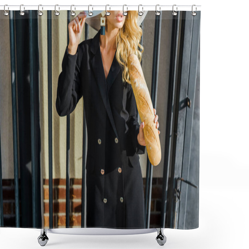 Personality  Cropped Shot Of Fashionable Woman In Stylish Jacket And Hat Standing In Front Of Fence With Baguette Shower Curtains