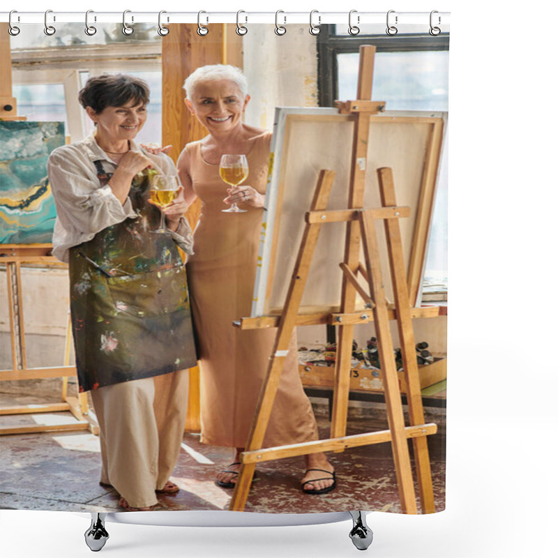 Personality  Excited Female Artist And Elegant Mature Model With Wine Glasses Looking At Easel In Studio Shower Curtains