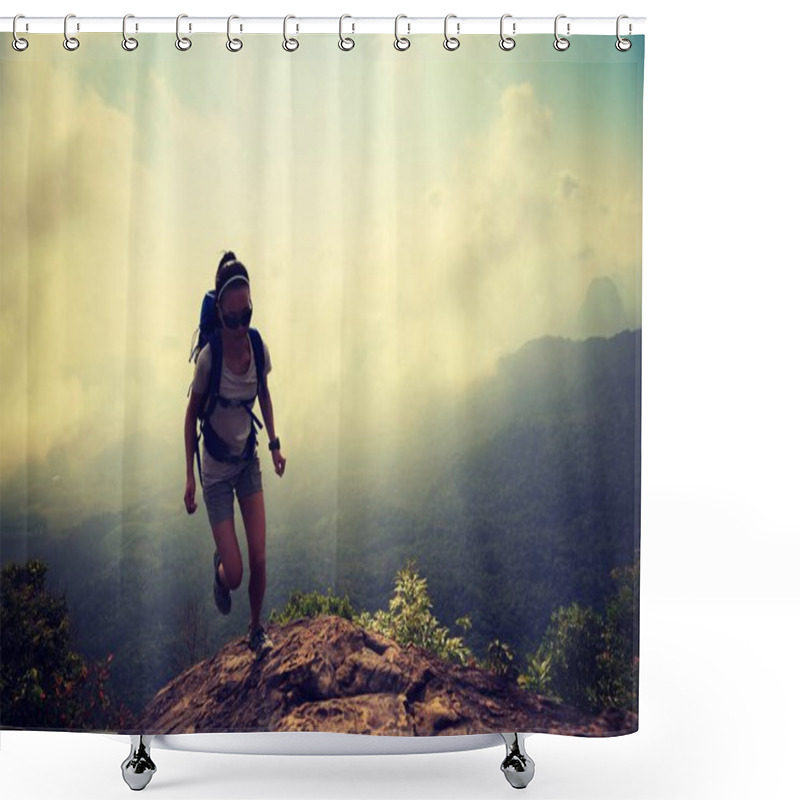 Personality  Successful Young Woman Running Up On Mountain Top Cliff Edge Shower Curtains