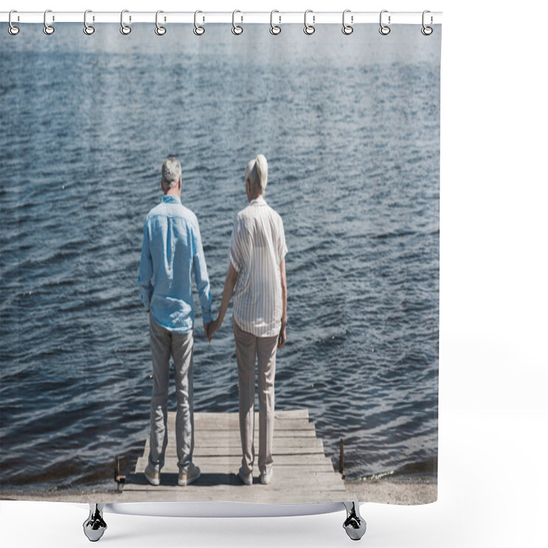 Personality  Senior Couple Standing On Riverside At Daytime Shower Curtains