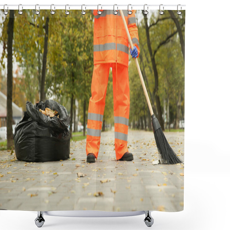 Personality  Street Cleaner Sweeping Fallen Leaves Outdoors On Autumn Day, Closeup Shower Curtains