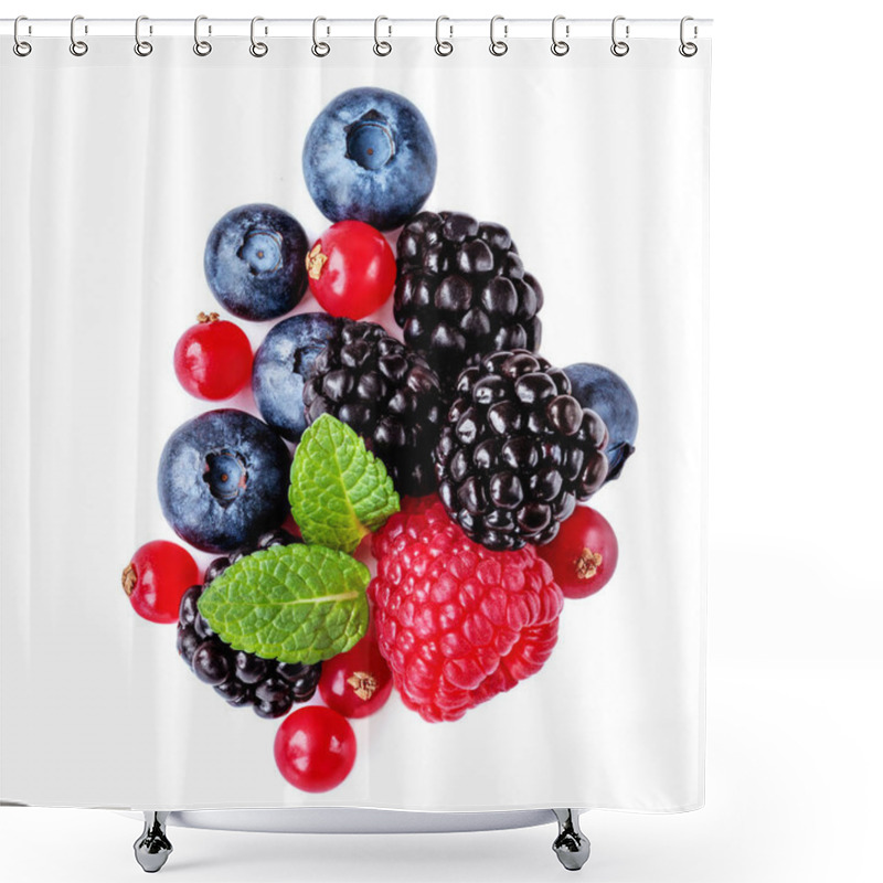 Personality  Isolated Mixed Berries. Raspberry, Blueberry,  Cranberry, Blackberry And Mint Leaves On White Background. Top View Shower Curtains