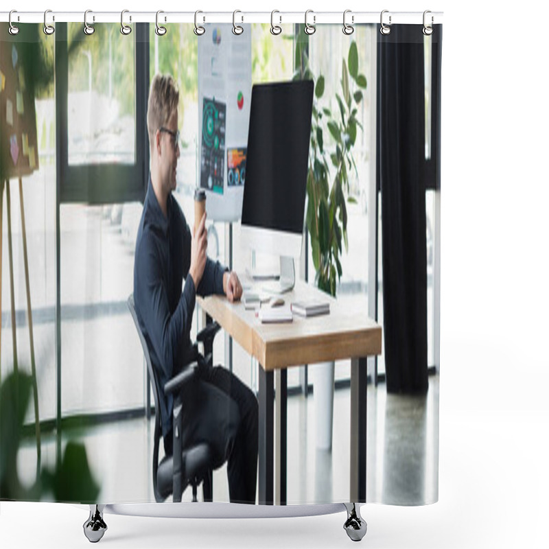 Personality  Side View Of Smiling Programmer Holding Takeaway Drink Near Computer With Blank Screen In Office, Banner  Shower Curtains