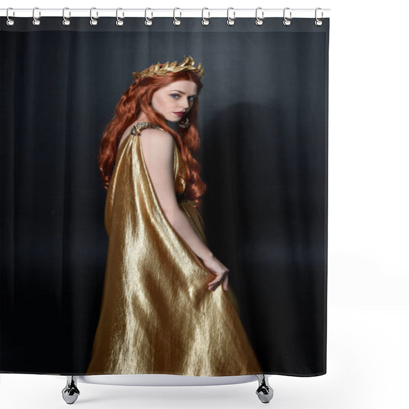 Personality   Full Length Portrait Of Pretty Female Model Wearing  Grecian Goddess  Toga Gown, Posing With Elegant Gestural Movements On A Studio Background. Shower Curtains