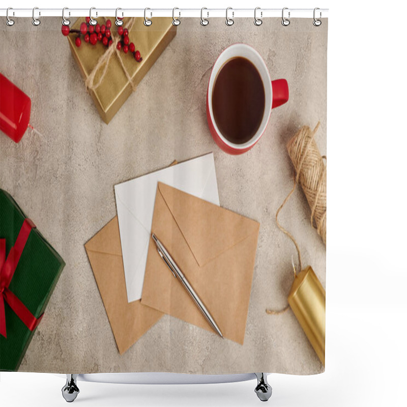 Personality  Hot Chocolate Near Envelopes And Present Boxes With Candles On Grey Textured Backdrop, Christmas Shower Curtains