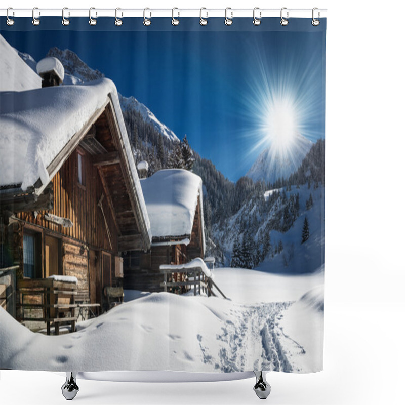 Personality  Winter Ski Chalet And Cabin In Snow Mountain Landscape Shower Curtains