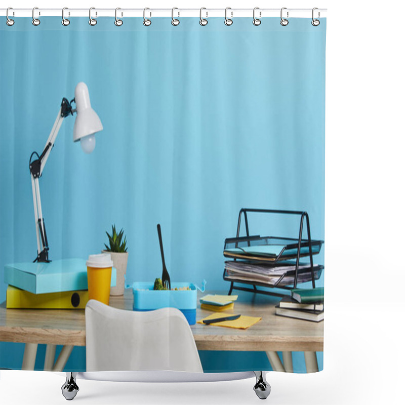 Personality  Workspace With Lunch Box And Coffee In Plastic Cup On Wooden Table On Blue Background Shower Curtains