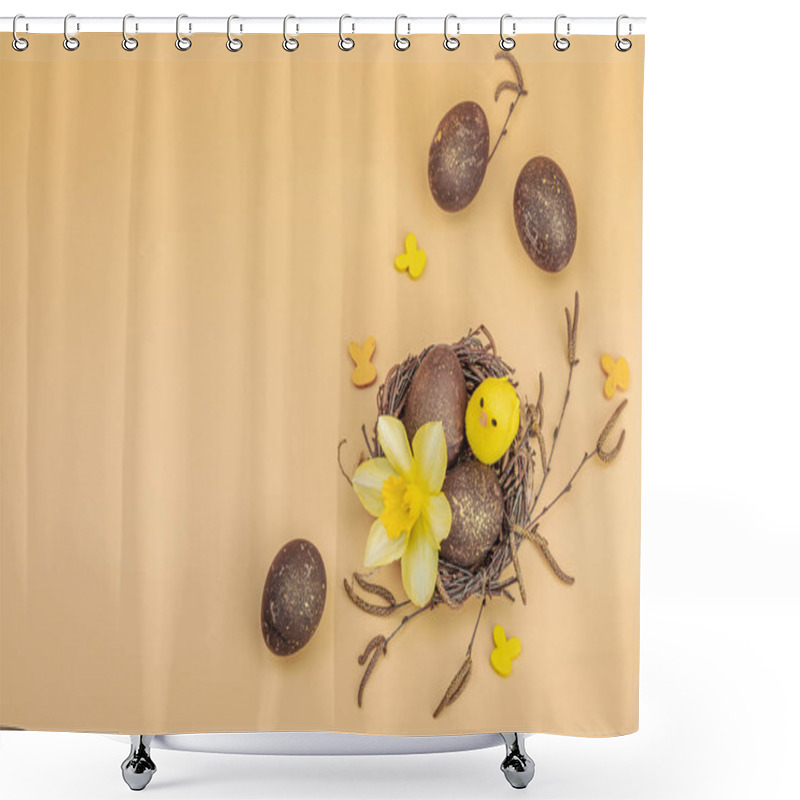 Personality  Easter Eggs, Wooden Bunnies And Bird's Nest With Chicken And Narcissus Flower. Festive Concept, Greeting Card, Flat Lay, Pastel Apricot Background, Top View Shower Curtains