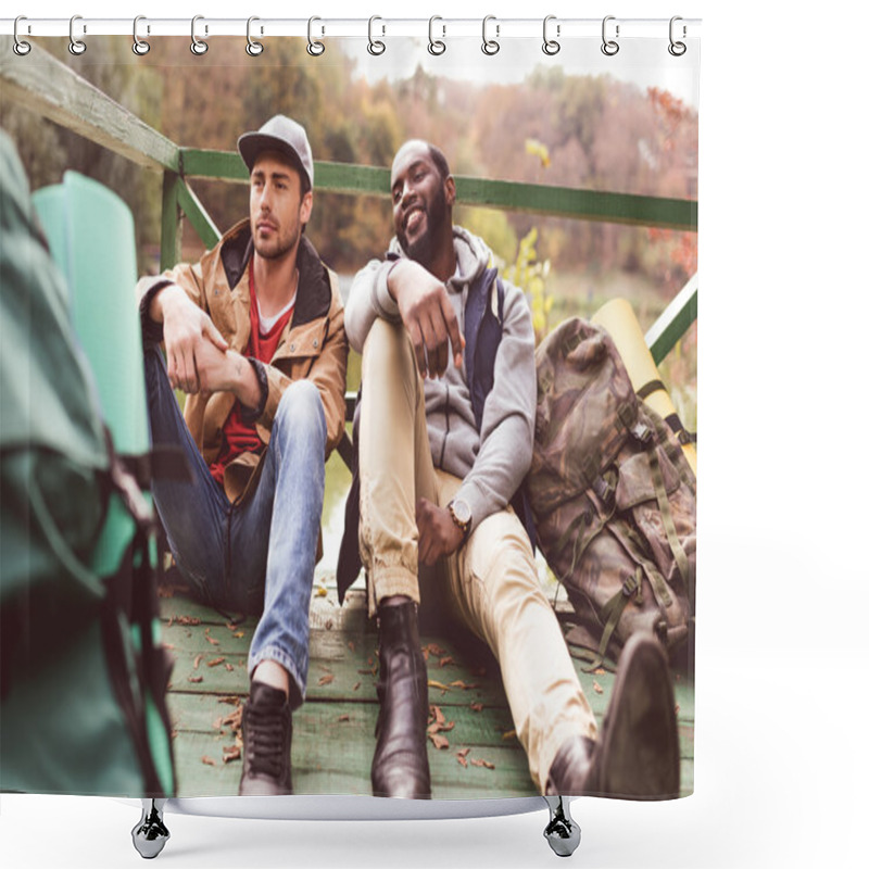 Personality  Young Men With Backpacks Sitting On Pier Shower Curtains