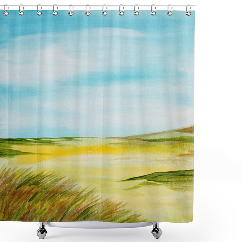 Personality  Drawing Of Bright Day Landscapes, Sunset Sunrise. Picture Contains Interesting Idea, Evokes Emotions, Aesthetic Pleasure. Canvas Stretched On A Stretcher, Natural Paints. Concept Art Painting Texture Shower Curtains