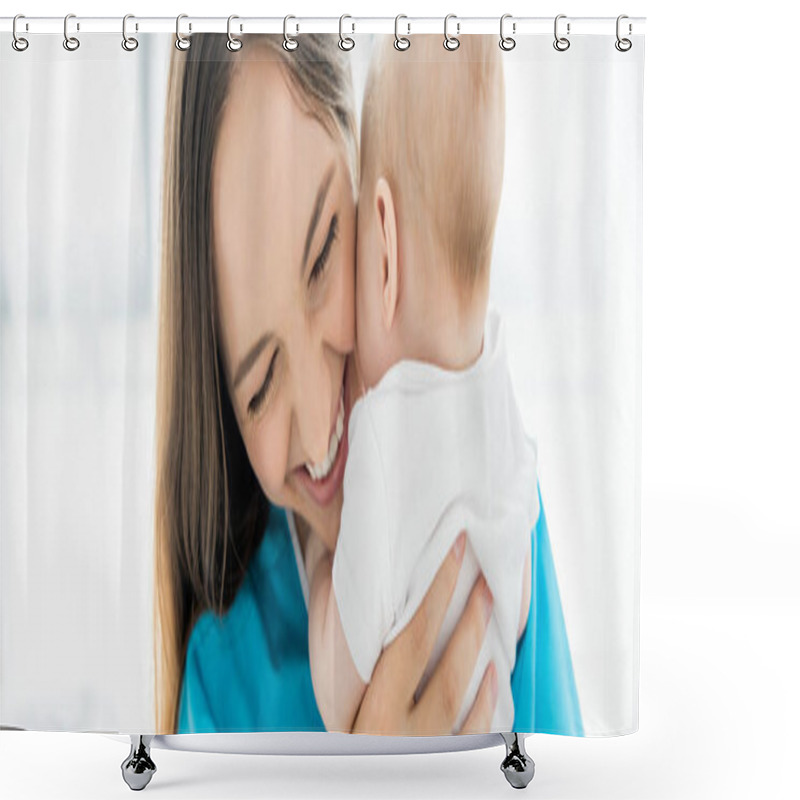 Personality   Panoramic Shot Of Attractive And Smiling Mother Holding Her Child In Hospital  Shower Curtains