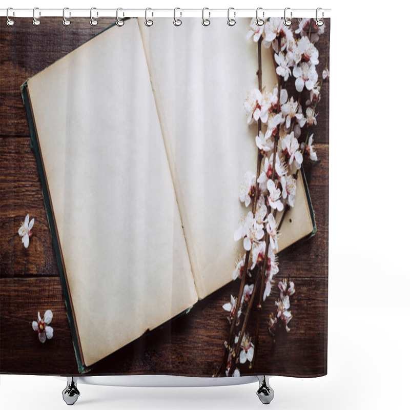 Personality  Retro Background, Old Book And Blossoming Cherry Branches On A Wooden Table Shower Curtains