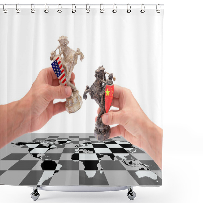 Personality  Trade War Between USA And China. Hands Hold Two Chess Pieces Of A Horse, With American And Chinese Flags Placing Them On A Chessboard With A World Map, Isolated On A White Background With Copy Space. Shower Curtains