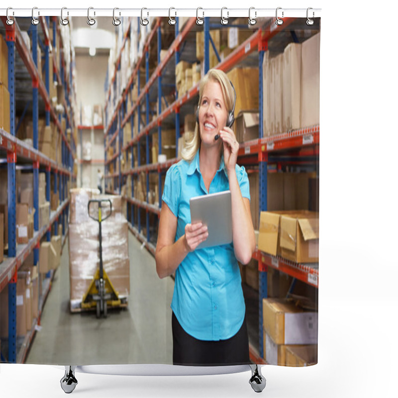 Personality  Businesswoman Using Digital Tablet In Distribution Warehouse Shower Curtains