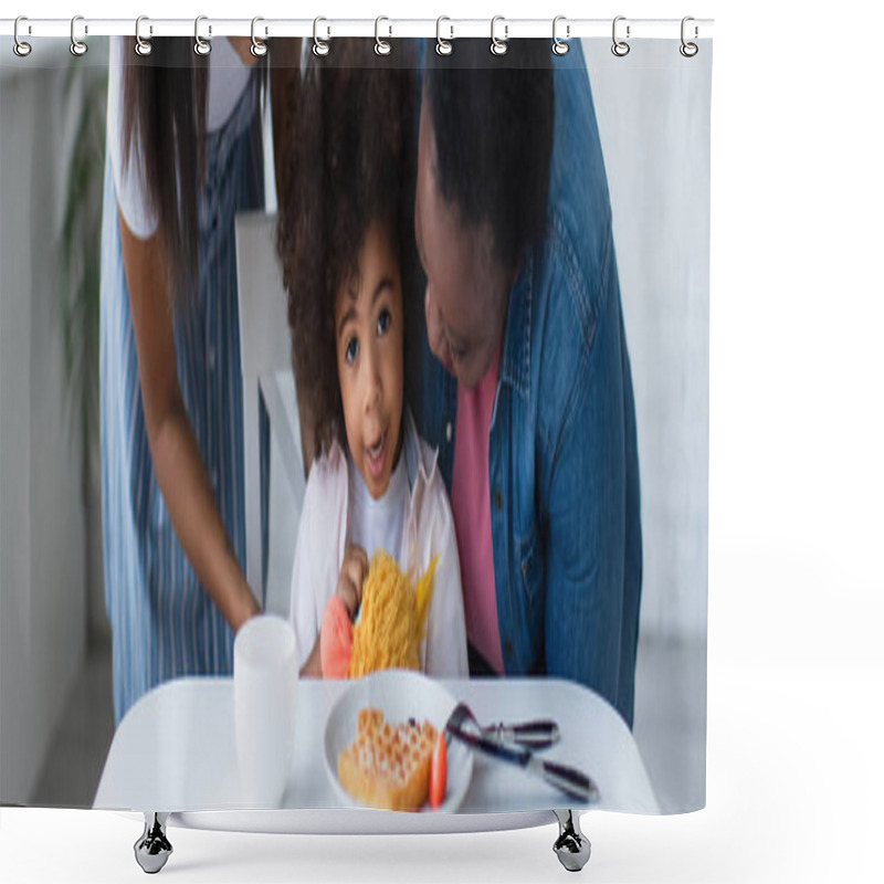 Personality  African American Women Hugging Child Sitting With Soft Toy Near Plate With Waffle On Table, Banner Shower Curtains