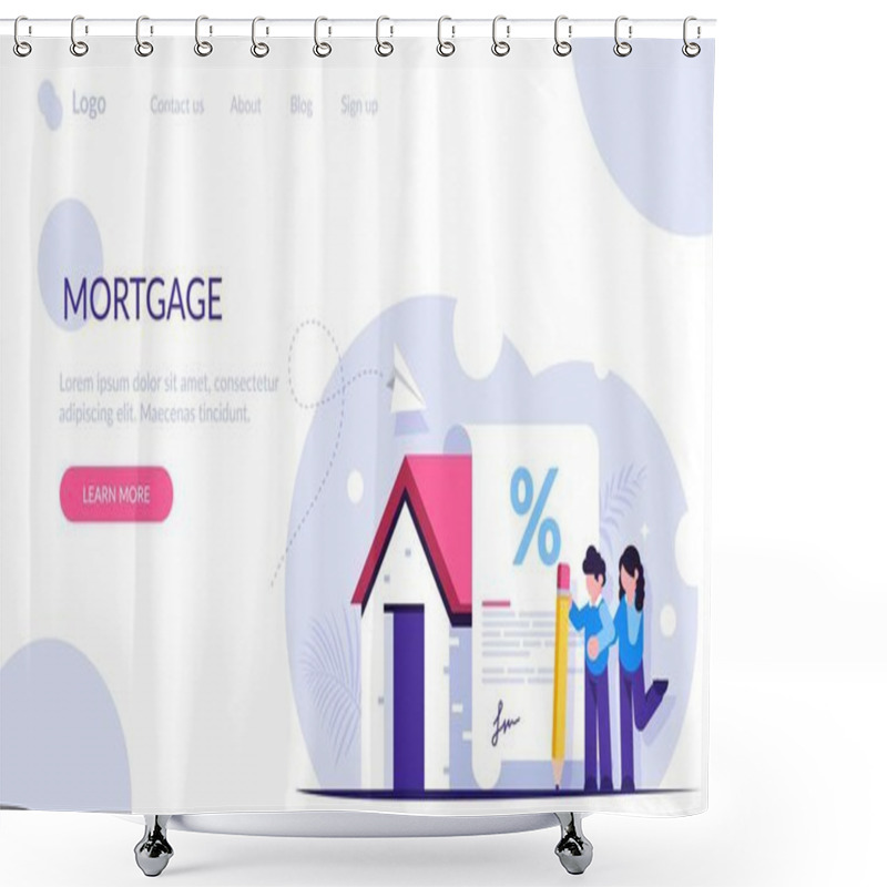 Personality  Mortgage Loan Form Concept. Young Family Signs A Mortgage Document To Buy A New Home. Favorable Interest From The Bank. Landing Web Page Template. Shower Curtains